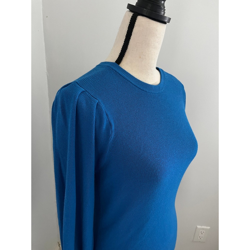 Cobalt Blue Puff Sleeve Sweater Small Crew Neck Minimalist Office Chic Preppy - Picture 4 of 7